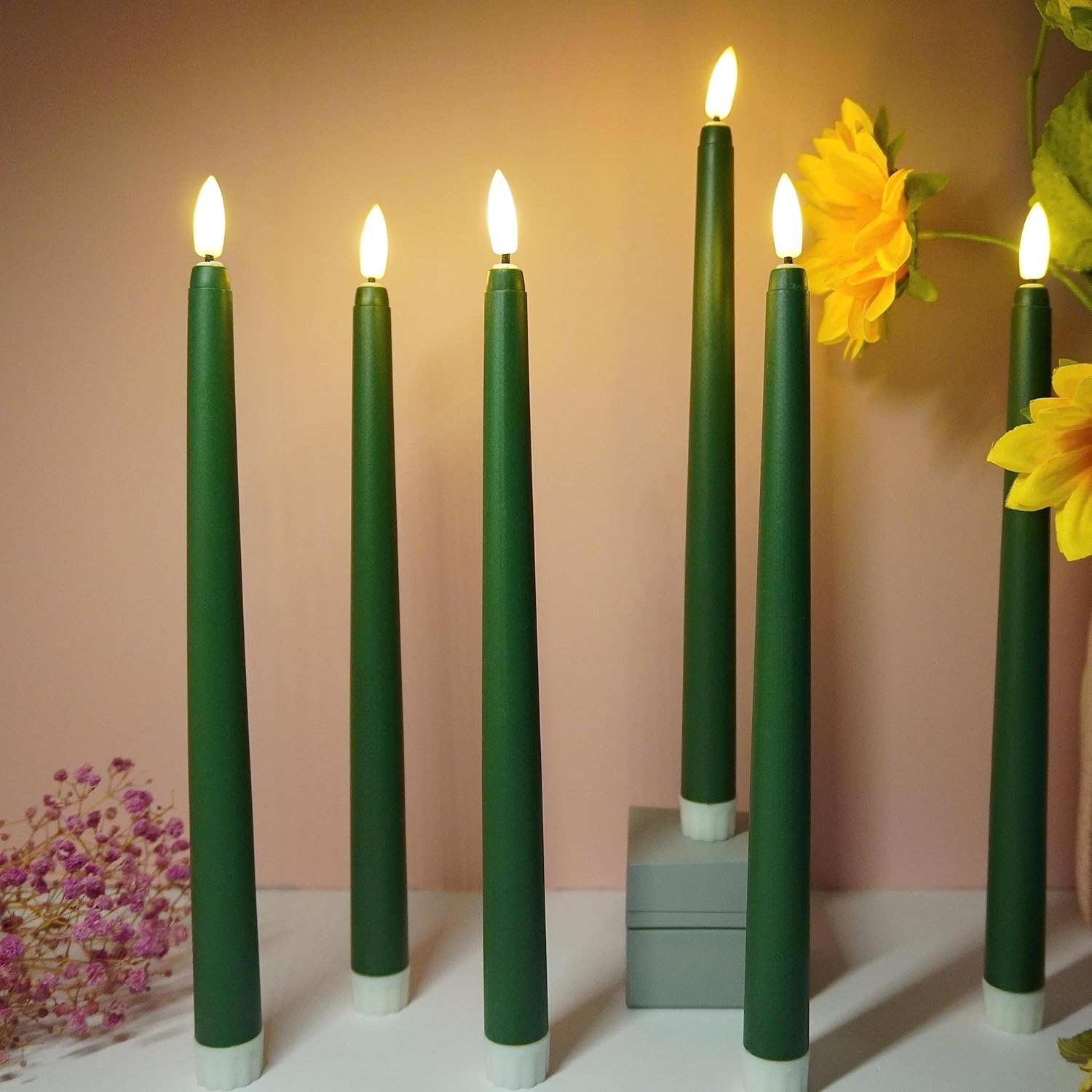 6 Pack Green Flameless Taper Candles with Remote Timer, Flickering Battery Operated LED Candlesticks Set of 6